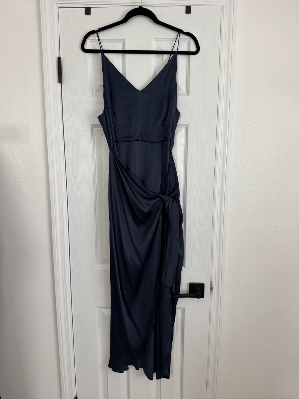 Midnight Navy Satin Maxi Slip Dress with Side Knot